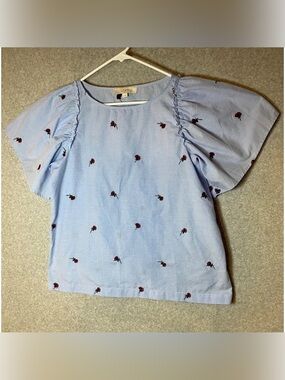 LOFT Light Blue Floral Embroidered Short-Sleeve Blouse